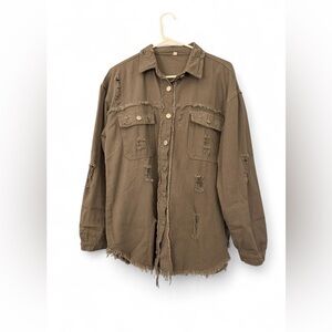 New Women's Vintage Looking Distressed Ripped Denim Olive Green Jacket Medium